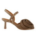 Hochhackige Sandale mit voluminöser Rosenapplikation