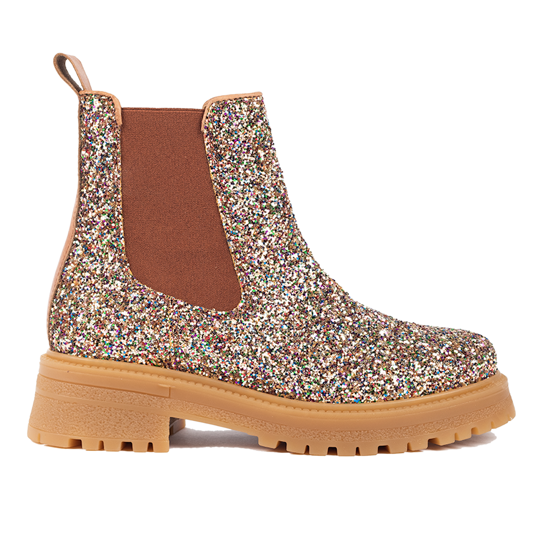 Glitzer-Chelsea-Stiefel auf Track-Sohle